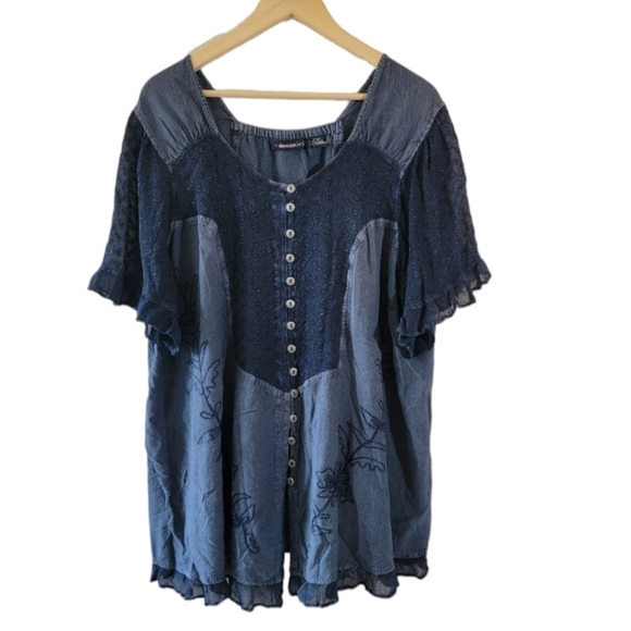 Denim 24/7 Navy Floral Embroidered Lagenlook Top Sz 26W Button Front Gauze - Picture 12 of 12